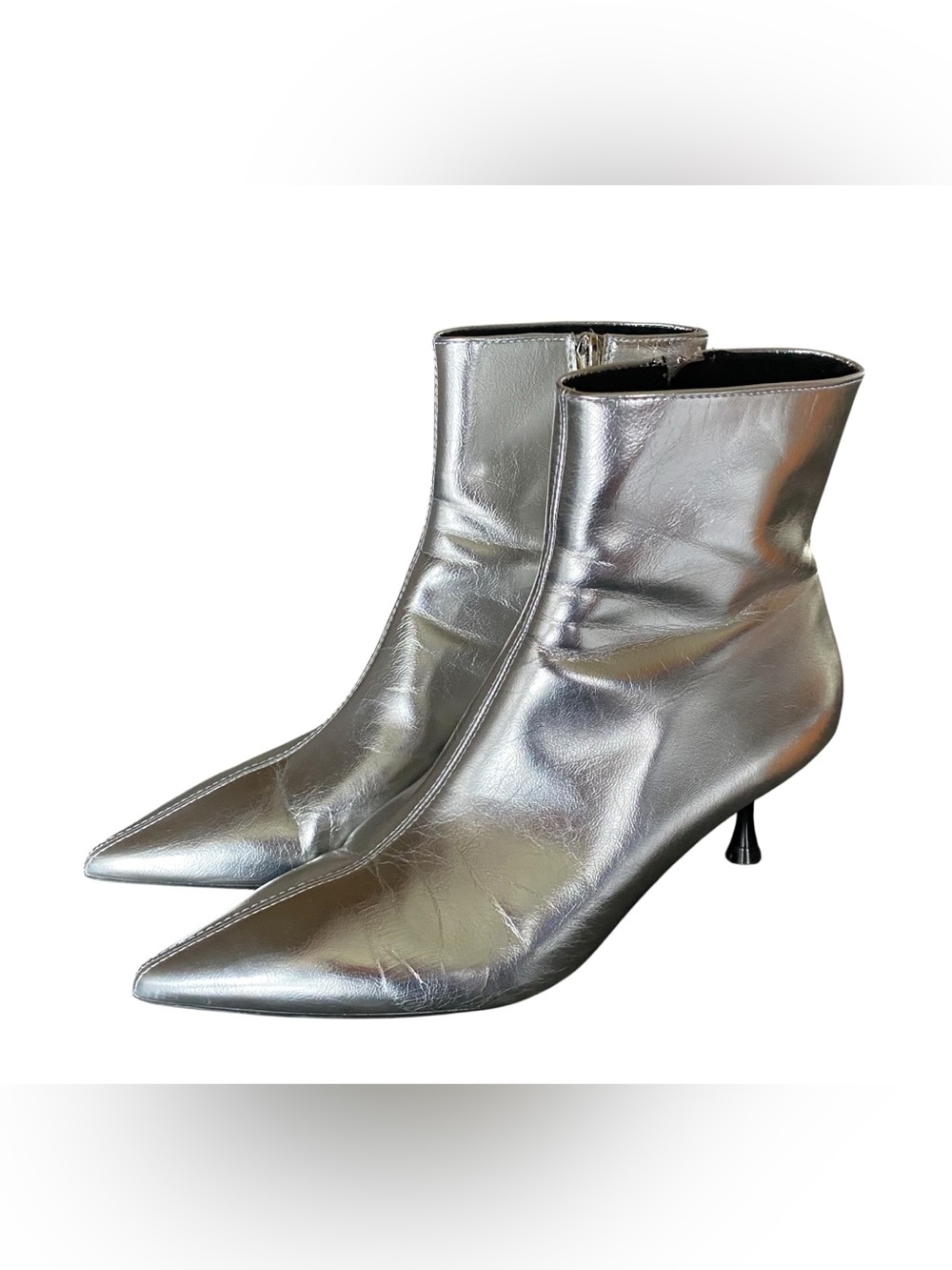 ZARA Silver Metallic Leather Kitten Heel Ankle Boots Size 40 US 9
